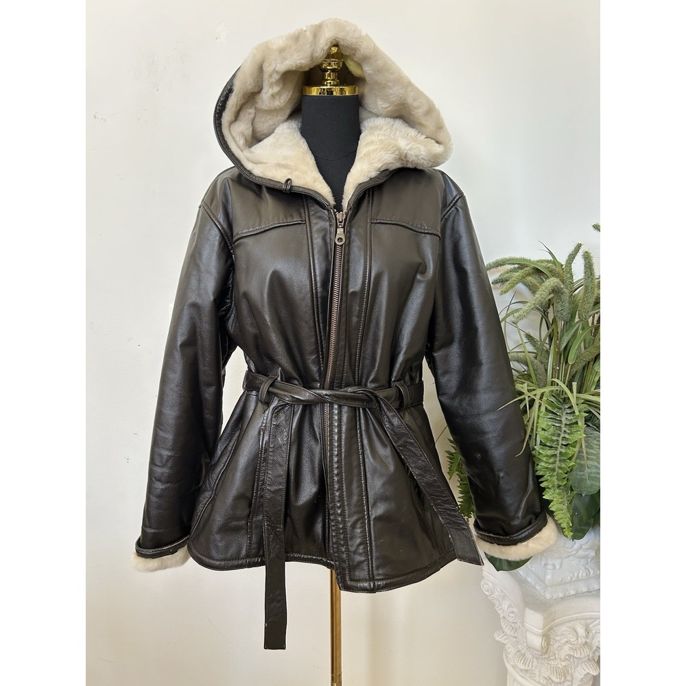 Wilsons Leather Coat XL Brown Faux Fur Lined Hooded Belted Whimsigoth Jacket